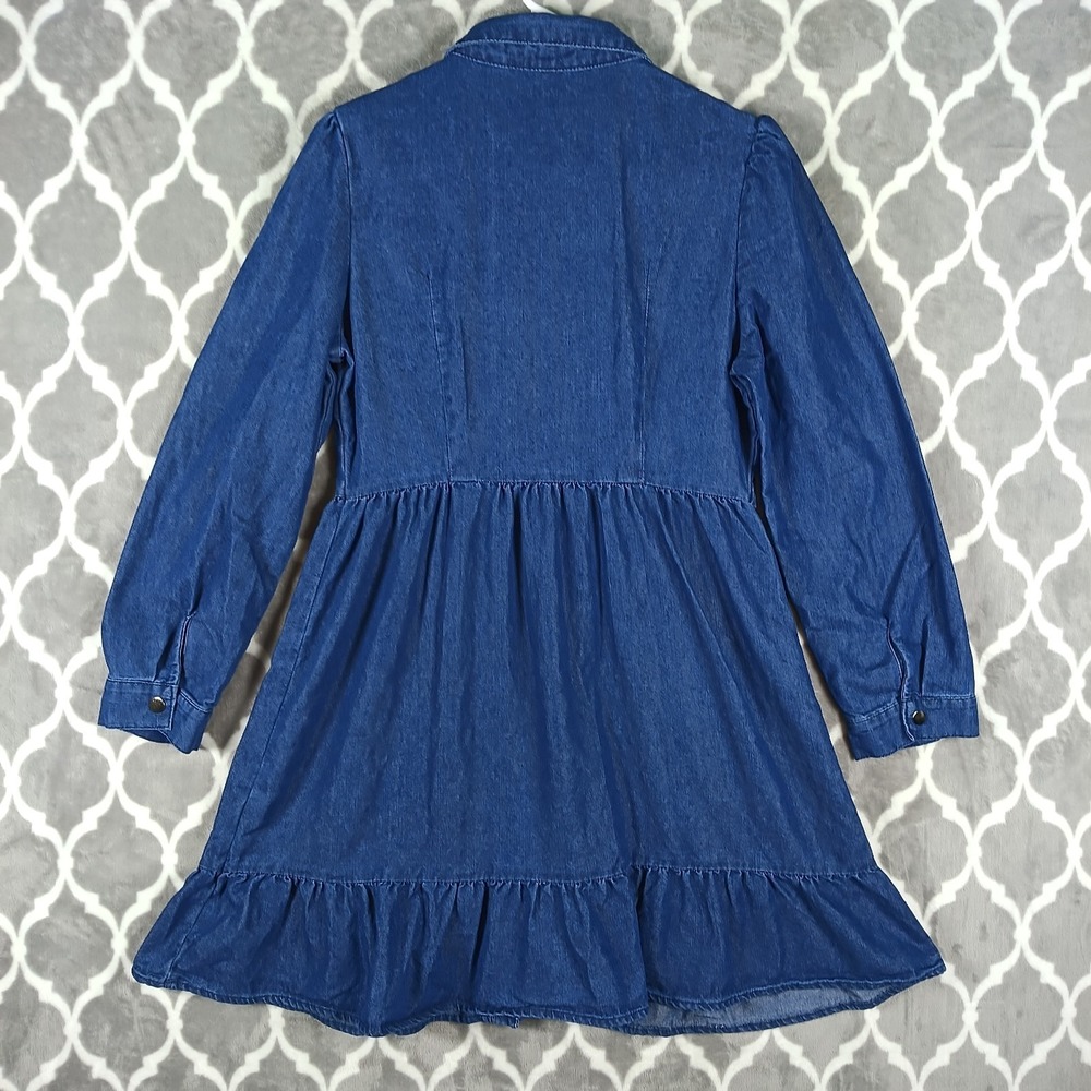 Denim Mini Dress Size Medium Blue Long Sleeve Cottage Cowgirl Western Ruffle - Picture 2 of 8